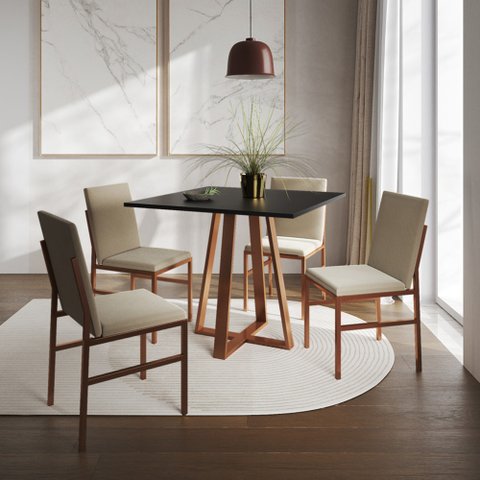 Conjunto de Jantar Mesa Mônaco 90cm Tampo Preto com 4 Cadeiras Bege Base Cobre