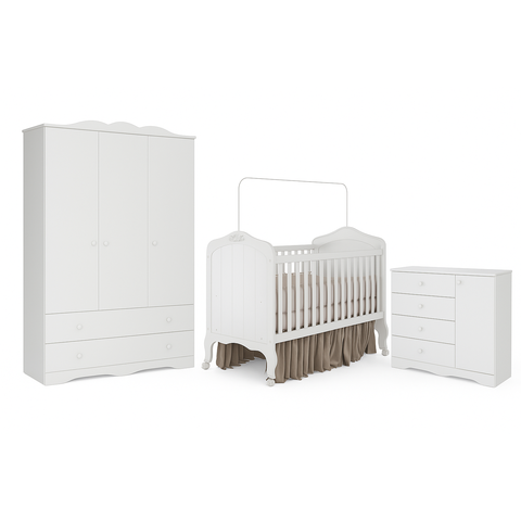 Quarto Infantil Completo Harmonia Guarda Roupa 4 Portas, Comoda 1 Porta e Berço Branco - Permobili