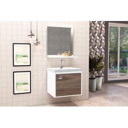 Kit Conjunto Gabinete Banheiro C/ Cuba e Espelho CJ Unic 40 Cm - Branco / Carvalho - 1