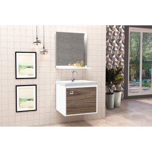 Kit Conjunto Gabinete Banheiro C/ Cuba e Espelho CJ Unic 40 Cm - Branco / Carvalho