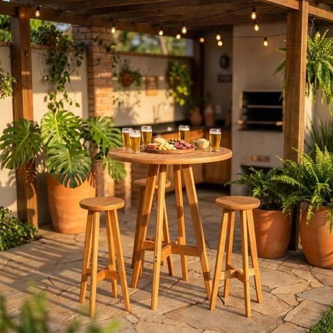 Conjunto Bistrô Mesa Alta Redonda 80cm e 3 Banquetas Madeira Maciça Área Externa – Arveni