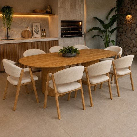 Conjunto Mesa Jantar 220cm 8 Cadeiras Madeira Laminada Sala Área Gourmet Moderna Savana Organica:Lin