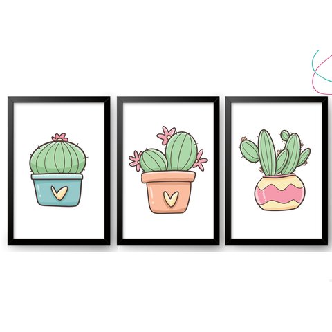 Kit 3 Quadros Decorativos Infantil Cacto Coração Fofo:preta