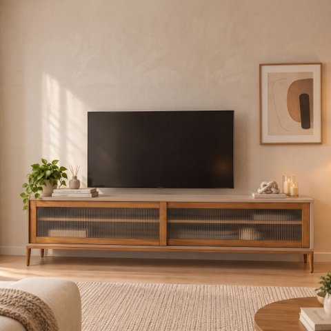 Rack para TV 65 Polegadas 182cm em Madeira Maciça/MDF e Vidro Canelado Capuccino