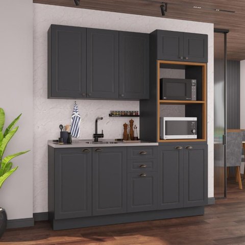 Armário de Cozinha Modulada Compacta Fidelitá Nara 100% MDF 3 Peças 190cm 10 Portas 2 Gavetas sem