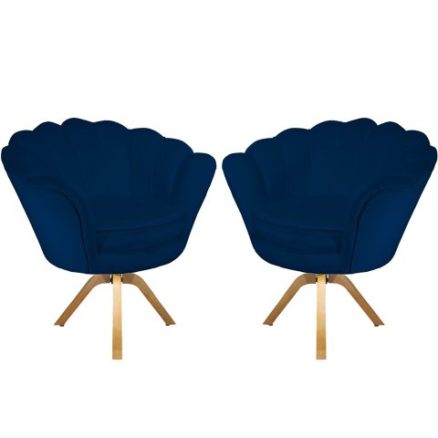 Kit 2 Poltronas Decorativa Pétala Base Giratória Madeira Suede Azul Marinho Mz Decor