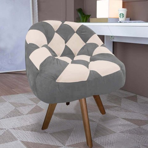 Poltrona Paloma Escritório Sala Giratória Madeira Suede Cinza e Suede Bege - Dominic Decor