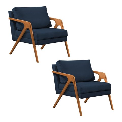 Kit 2 Poltronas Mona Monique Luxo Base Madeira Maciça Cerejeira Veludo Azul