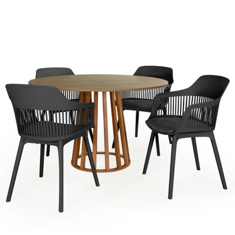 Conjunto Mesa de Jantar Redonda Talia Amadeirada Natural 120cm com 4 Cadeiras Marcela - Preto