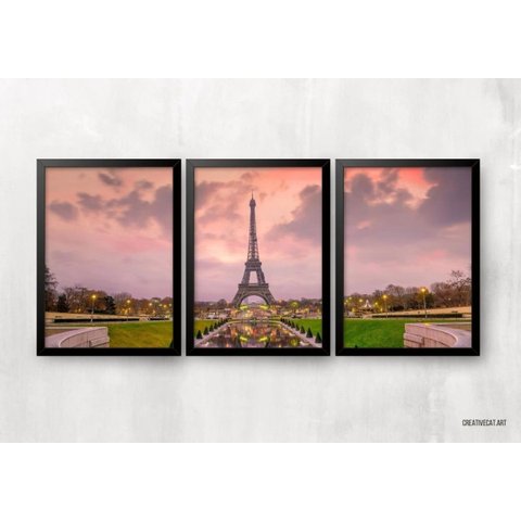 Kit 3 Quadros para Casa - Paris Torre Eiffel:pinus