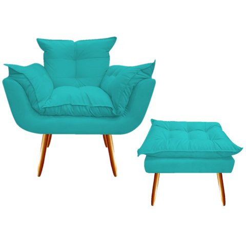 Kit Poltrona + Puff Decorativo Opala Suede Azul Tifany Pés Madeira Ms Decor