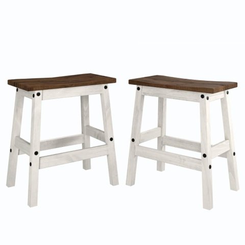 Duas Banquetas em Madeira Maciça Branco Envelhecido