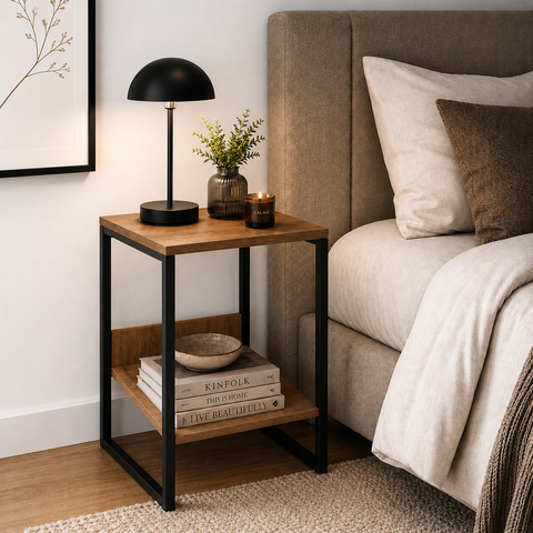 Mesa Cabeceira de Cama Criado Industrial Base de Ferro Preto Tampo Amêndoa