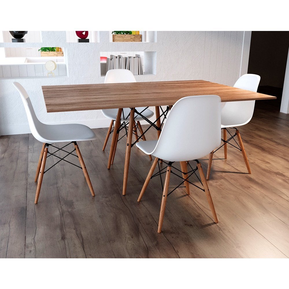 Conjunto De Mesa Eames Eiffel Retangular 120x75 Tampo De Madeira Amêndoa Com 4 Cadeiras Brancas - 1