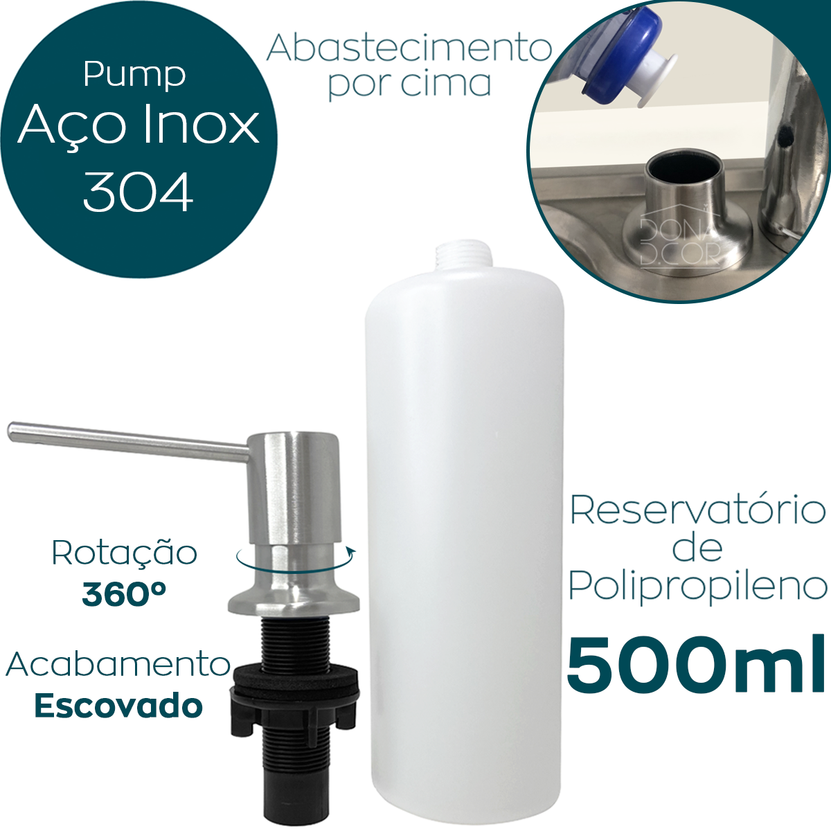 Porta Detergente Dispenser De Embutir Inox Escovado 500ml Bico Reto Porta Sabonete Liquido Para Banc - 2