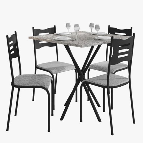 Kit Mesa Diamante 542 Sala de Jantar 4 Cadeiras Pés Tubular Cinza/preto
