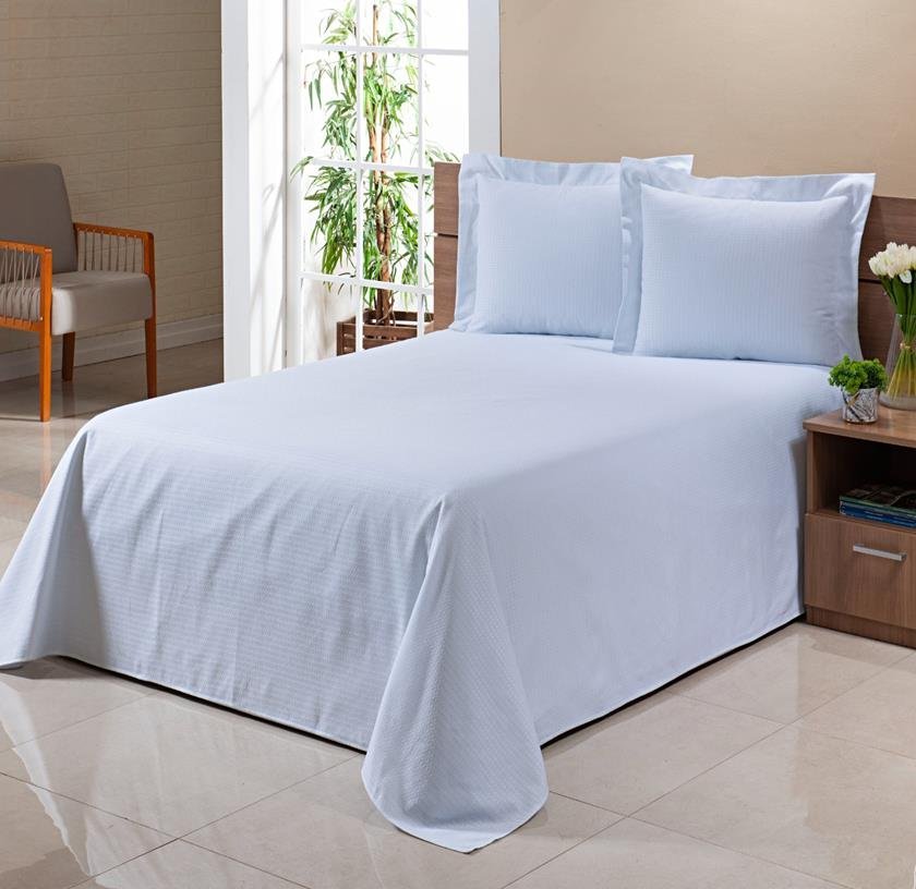 Colcha Cobre Leito Piquet Casal Queen 3pçs Liso Azul Claro
