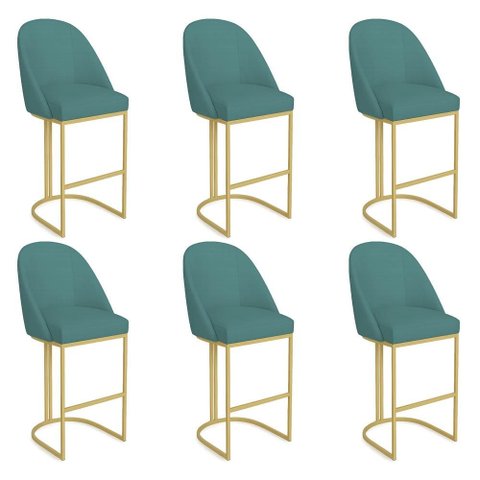Kit 06 Banquetas Altas Bela Suede Azul Turquesa Base Metálica Industrial Dourado - Pallazio