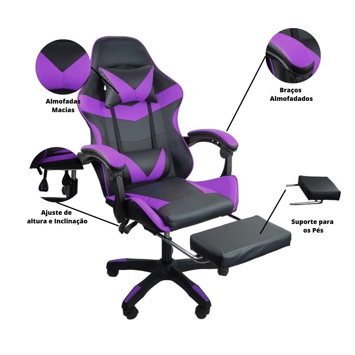 Cadeira Gamer Stillus Ergonômica com Apoio para Os Pés - Roxo - 3