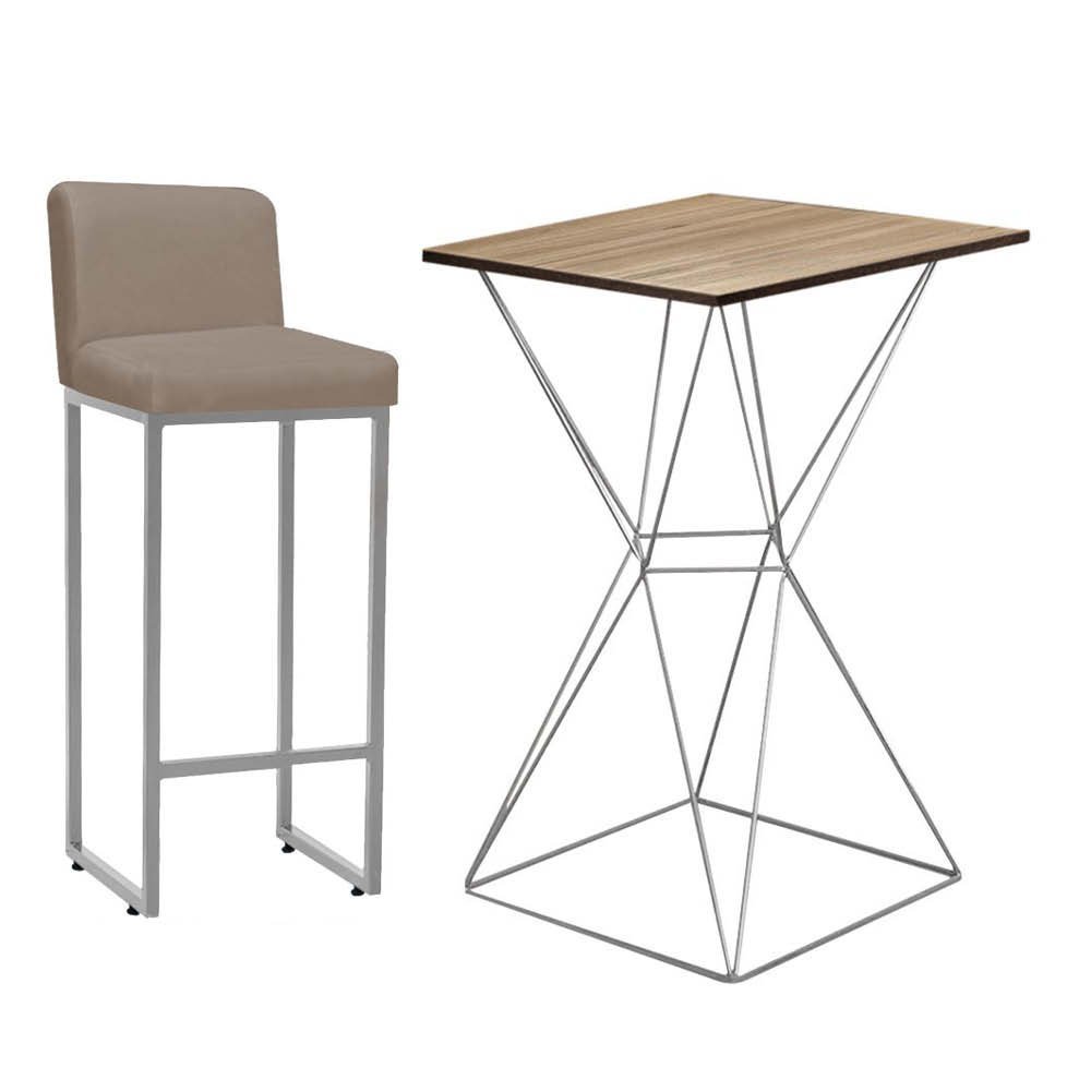 Kit Mesa Bistrô e 1 Banqueta Lucca Alta Com Encosto Bar Gourmet Tampo Imbuia Ferro Cinza Sintético B - 1