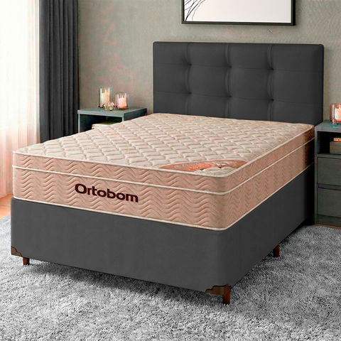 Conjunto Cama Box Cinza Casal + Colchão Molas Ensacadas Airtech Ortobom + Cabeceira
