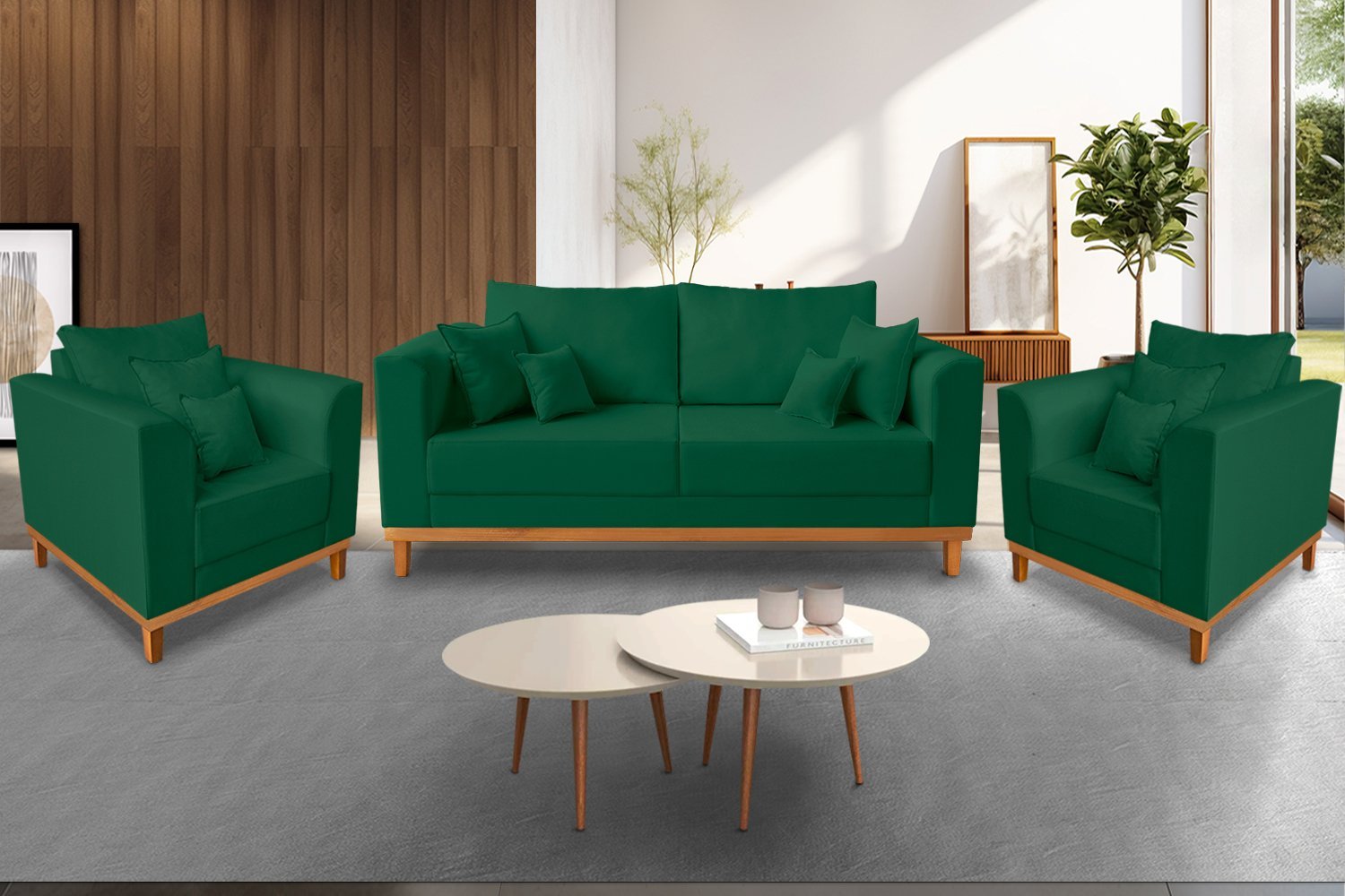 Kit Sofá 3 Lugares e 2 Poltronas Beny Viena Para Recepção Suede Verde - Madeira Prima Deccor - 2