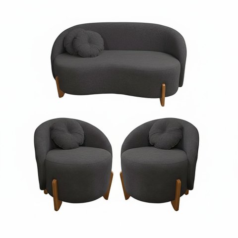Kit 01 Sofá + 02 Poltronas Orgânicos c/ Almofadas Curvo Sala Recepção Amsterdã Boucle Chumbo