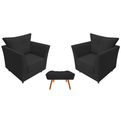 Kit 2 Poltronas Decorativa Isis + Puff Retangular Couro Preto Pés Madeira Mz Decor