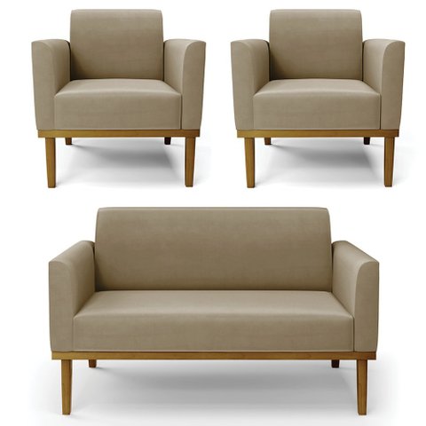 Sofá Namoradeira e 2 Poltronas Base Madeira Castanho Maressa Suede Marrom Rt - Ibiza