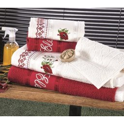Jogo de Banho Ponto Russo Toalhas 5 Pçs Branco/ Vermelho - 1