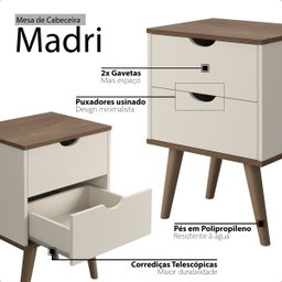 Mesa de Cabeceira Madri com 2 Gavetas - Pés Palitos - Off White/canela - 3