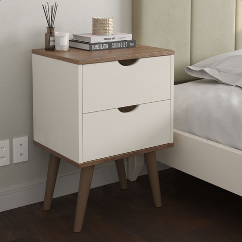Mesa de Cabeceira Madri com 2 Gavetas - Pés Palitos - Off White/canela