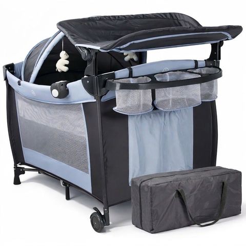 Berço de Bebê Portátil Zooper Azul com Trocador Mosquiteiro Bolsa e Caixa Musical Som e Luz Dobrável