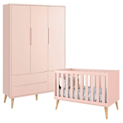 Berço Americano e Guarda Roupa Theo 3 Portas Rosa com Pés Madeira Natural – Reller