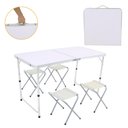 Ver imagem 1 de Kit Mesa Dobrável Portátil que Vira Maleta de Alúminio 120x60cm com 4 Banquinhos Dobráveis
