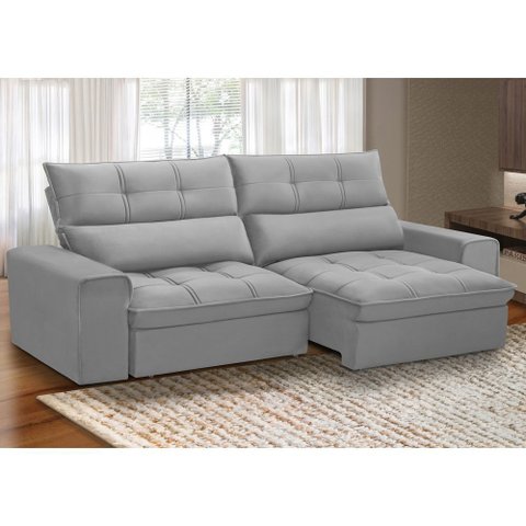 Sofá Retrátil Reclinável para Sala 3 Lugares 210cm Asaph F04 Veludo Cinza Claro - Lyam Decor