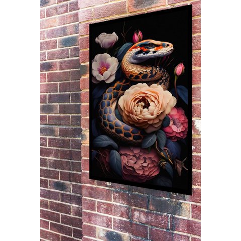 Quadro Decorativo Cobra com Flores - 70x50cm:moldura Branca