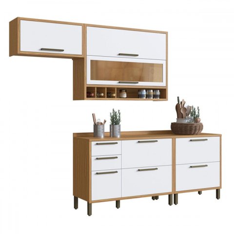 Armário de Cozinha Modulada com Balcão e Tampo 6 Portas 4 Gavetas Ágata 100% Mdf Vidro Reflecta Amên