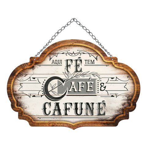 Placa Decorativa com Corrente Fé Café Cafuné MDF 27,5x20cm - Wp Connect