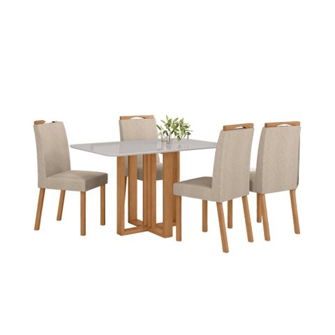 Conjunto Sala de Jantar Mesa Téssera 120 Tampo Vidro Off White com 4 Cadeiras Bonna - Lopas Amendoa 