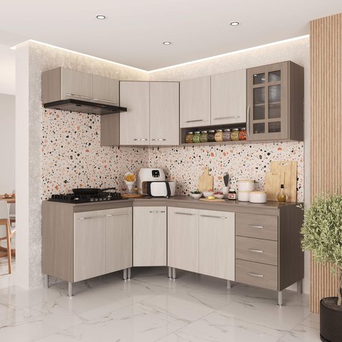 Armário de Cozinha Modulada Completa Fidelitá Paris 6 Peças 340cm 12 Portas 3 Gavetas com Tampo