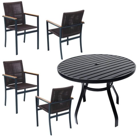 Jogo de Mesa Ripada 1,00m 4 Poltronas Amélia Corda Náutica para Jantar Jardim Piscina Marrom