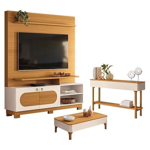 Estante Home Theater Axis Cinamomo Off White com Mesa de Centro Liz e Aparador Fiero Off White