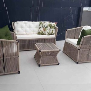 Conjunto de Sofá em Corda Náutica Bambu - 1 Sofá 2l + 2 Poltronas + 1 Mesa Centro - Tecido Duna Cru