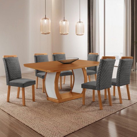 Mesa de Jantar Milena 180 cm Tampo MDF Laminado Canto Copo com 6 Cadeiras Aline