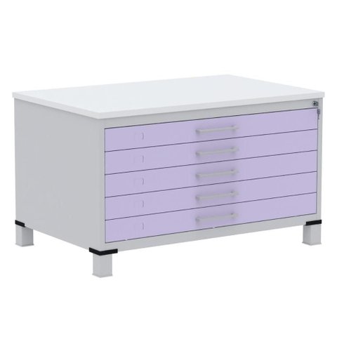 Mapoteca 5 Gavetas Pandin 120 Cm (larg) Inmetro Tampo Mdp Branco Estrutura Aço Cinza Gavetas Lilás