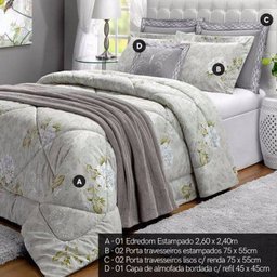 Kit Colcha Queen Papillons 7 Peças Algodão 200 Fios Casaborda Cinza - 2 Kit Colcha Queen Papillons 7 Peças Algodão 200 Fios Casaborda Cinza - 2