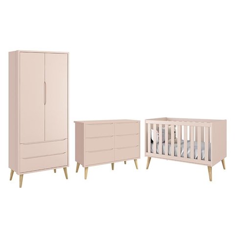 Dormitório Completo Infantil Theo 2 Portas, Cômoda 6 Gavetas e Berço Rosa Fosco com Pés Madeira Natu