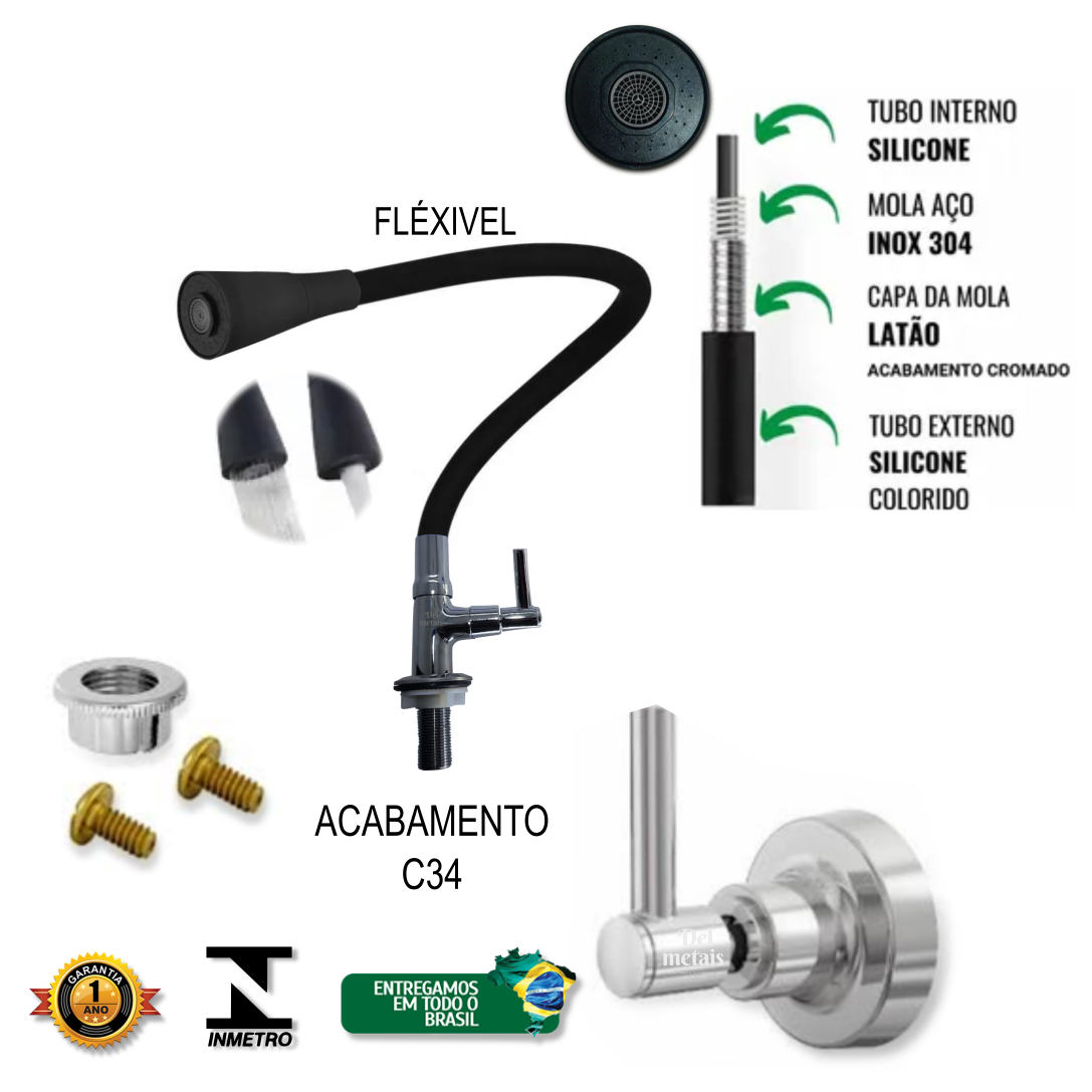Torneira para Cozinha Bancada Flexível Tubo Preto Conic 2 Jatos Del Metais Premium - 5