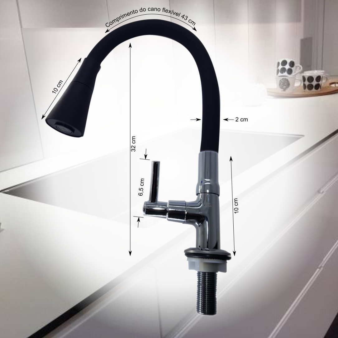 Torneira para Cozinha Bancada Flexível Tubo Preto Conic 2 Jatos Del Metais Premium - 4